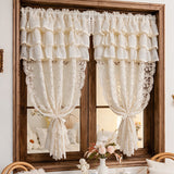 French Vintage Embroidered Lace Beige Sheer Curtain,Three-Tiered Cake Skirt Valance Sheer Voile For Living Room,Bedroom Windows