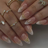 3D Flower Acrylic Fake Nail Press on Nails Glossy Green Glitter Stick on Fingernail French Tips Medium Almond False Nails 24Pcs