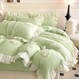 Korean Princess Style Flowers Lace Ruffles Bedding Set Comforter Queen King 4Pcs Duvet Cover Bed Sheet/Fitted Sheet Pillowcase