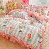 Pink Korean Princess Bedding Set No Filling Cute Strawberry Duvet Cover Checkerboard Single Queen Size Bed Linen Pillowcases