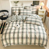 New Pure Cotton Bedding Set with Fitted Sheet Duvet Cover Pillowcase Simple Printed Grid Comfortable Bedclothes Single Double