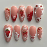 24pcs Pink Almond False Nail Art Datachable Cute Cherry Bow Design Nails Sets Press on Mid-length French Fake Nails Tip Finished