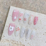 10Pcs Almond Handmade Press On Nails Bowknot Fake Nail Full Cover Metallic Glitter Spice Girl French Design Manicure False Nails