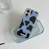 Ins Simple Plating Blue Cow Pattern Phone Case with Hairball Pendant for iPhone 17 16 15 14 Pro Max Shockproof Protective Cover