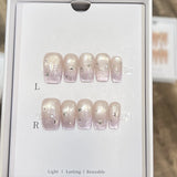 10Pcs Purple Cat Eye Coffin Press on Nails Silver French Fake Nails Plaid Polka Dot Nail 3D Bowknot Star Rhinestone False Nails