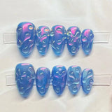 24pcs Cat's Eye False Nails Aurora Blue Short Almond Full Cover Nail Tips Wave Fake Nail Art Reusable Round Head Press on Nails