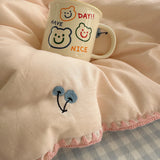 3/4PCS Ins Peach Bedding Set Grey Grid Cherry Embroidery Shell Seam Edge Double-layer Yarn Super Soft Comfortable Bedroom Decor