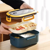 Portable Lunch Box With Fork Spoon 2 Layer Grid Leakproof Food Storage Container Box Outdoor School Kids Microwavable Bento Box