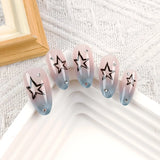 Blue Plaid French Style Fake Nails Y2K Star Diamond Designs Almond Press on Nails Sweet Girls Wearable False Nails Tips 24Pcs