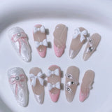 10PCS wearable french pink nails with bubble diamonds full cover handmade false nails with glue ballet long coffin press on nail