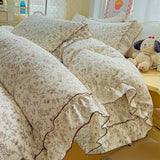 Korean Princess Style Floral Ruffles Bedding Set Washed Cotton Skin-friendly Soft Duvet Covers Set Bed Sheet Pillowcases 3/4Pcs