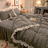 Pink Ruffled Seersucker Duvet Cover Set 3/4pcs Soft Lightweight Down Alternative Grey Bedding  with Bed Skirt and Pillowcases
