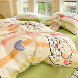 New Pure Cotton Bedding Set with Fitted Sheet Duvet Cover Pillowcase Simple Printed Grid Comfortable Bedclothes Single Double