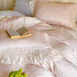 Vintage Jacquard Lace Ruffles Wedding Bedding Set Lyocell Cotton Soft Silky Duvet Cover Set Bed Sheet Fitted Sheet Pillowcases