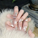 24pcs Floral Coffin Nails Set Press on Nails Cat Eye Fake Nails Butterfly Flower Design False Nails Wearable Manicure Nail Tips