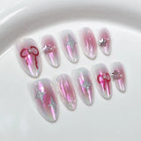 10Pcs Aurora Pink Almond Handmade Press On Nails Full Cover Bowknot Design French Fake Nail Artificial Manicure Wearable Nails