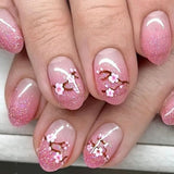 24pcs Sweet Cool False Nails Gradient French Fake Nail Tips with Purple Flowers Design Short Square Press on Nails Colorful Nail