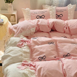 Korean Princess Style Lace Ruffles Plaid Patchwork Bow Embroidery 100% Cotton Bedding Set Duvet Covers Bed Sheet Pillowcases