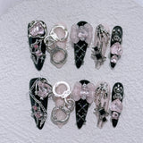 10Pcs Handmade Press on Nails Full Cover Butterflies Rhinestones Design Pink  Almond False Nails Wearable Manicure Nail Tips Art