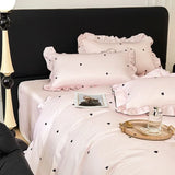 Korean Pink Heart Duvet Cover Sets For Girls New Blue Dot Ruffles Bedding Sets 4PCS Queen Size for Bedroom Guest Room