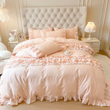 White Pink Princess Wedding Bedding Set 100% Cotton Double Layer Lace Ruffles Duvet Cover Flat/Fitted Bed Sheet Pillowcases 4Pcs