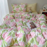Korean Style Cute Bedding Set For Girls Bed Linen New Skin Friendly Fresh Flora Printed Washed Cotton Duvet Cover Set