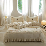 Princess Style Lace Trim Cotton Linen 4Pcs Bedding Set, French High-End Linen Duvet Cover & Sheet Set, Machine Washable