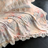 Silky Soft Cooling Summer Quilt Set Flat sheet 2 Pillowcases for Hot Sleepers Flowers printed Lace Blanket 200x230cm Queen Size