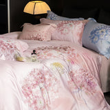 Premium 1000TC Egyptian Cotton Flowers Print With Embroidery Bedding Set Duvet Cover Set Flat/Fitted Bed Sheet Pillowcases 4Pcs