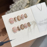 Autumn-winter False Nails Glossy Melard Brown Cat Eye Short Square Round Press on Nail with Glue Star Design Wearable Nail Tips
