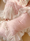 Three-Dimensional Rose Flowers Lace Ruffles Patchwork Bedding Set, Duvet Cover, Bed Sheet, Pillowcases, Pink, Egyptian Cotton