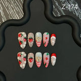 10pcs Sweet Summer Almond False Nail Cute 3D Fruit Strawberry Stick on Nails Mini Flower Fake Nails French Pearls Press on Nails