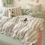 Cute Cartoon Embroidery Stripe Bedding Set Washed Cotton Soft Four Piece Sets Pillowcase Duvet Cover Set 200x230cm Home Textiles