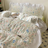 Gentle Floral Print Bedskirt Bedding Sets Skin Friendly Comfortable Duvet Cover Set with Lace Romantic Bedclothes for Girls