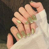 10pcs Cat's Eye Handmade False Nails Pearls French Tip Press On Nails Short Long Almond Charming Flash Green Flowers Fake Nails