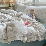 Korean Style Girly Heart Floral Double Layer Gauze Four-Piece Set Princess Style Lace Trim Quilt Cover Bed Sheet Dormitory