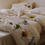 Cotton Lyocell Linen Blend 4Pcs Bedding Set Floral Towel Embroidery Duvet Cover Bed Sheet Pillowcases Home Decor