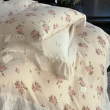 Vintage French Floral Lace Ruffles Pure Cotton Double Yarn Soft Princess Bedding Set Duvet Cover Bed Sheet Set Pillowcases 4Pcs
