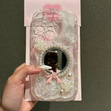 Shiny 3D Butterfly Flower Pearl Case For iPhone 14 13 12 11 15 16 Pro Max Luxury Bow Diamond Makeup Mirror Back Cover