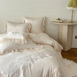 1000TC Egyptian Cotton Flowers Embroidery Lace Ruffles Princess Bedding Set Duvet Cover Flat/Fitted Bed Sheet Pillowcases 4Pcs