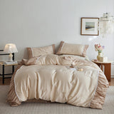 Flowers Embroidery Pleated Wide Edge Bedding Set Lyocell Soft Silky Cooling Duvet Cover Flat/Fitted Bed Sheet Pillowcases 4Pcs