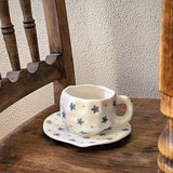 Hand-painted Blue Floral Coffee Cups and Saucers Simple Household Creative Retro Afternoon Tea Mug Cute Floral Ceramic Latte Cup