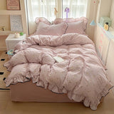 2025 new cream lace girl powder grid Korean version bed four-piece set washed cotton double-layer yarn quilt cover dormitory