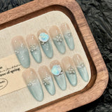 Handmade Press On Nails Long Oval Gradient Blue Cat's Eye False Nails With Aurora Diamond Decor French Fake Nails Wearable 10pcs