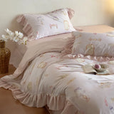 4Pcs Lyocell Soft Silky Cooling Summer Bedding Set Rose Floral Prints Ruffles Duvet Cover Set Bed Sheet/Fitted Sheet Pillowcases