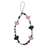 Black Heart Pearl Beaded Charm Phone Pendant Crystal Wristband Keychain Bracelet Lanyard Cord