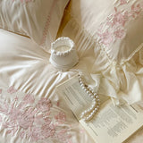 4Pcs Flowers Embroidery Lace Ruffles Princess Wedding Bedding Set Egyptian Cotton Duvet Cover Bed Sheet/Fitted Sheet Pillowcases