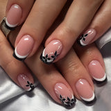 24pcs Sweet Cool False Nails Gradient French Fake Nail Tips with Purple Flowers Design Short Square Press on Nails Colorful Nail