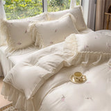 Rose Embroidery Bedding Set Silky Luxury Bedsheets Set Pillowcase Duvet Cover Bedclothes Skin-friendly Bed Linen Home Textiles