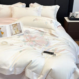 100% Egyptian Cotton Butterfly Flowers Embroidery Premium Luxury Bedding Set Duvet Cover Flat/Fitted Bed Sheet Pillowcases 4Pcs